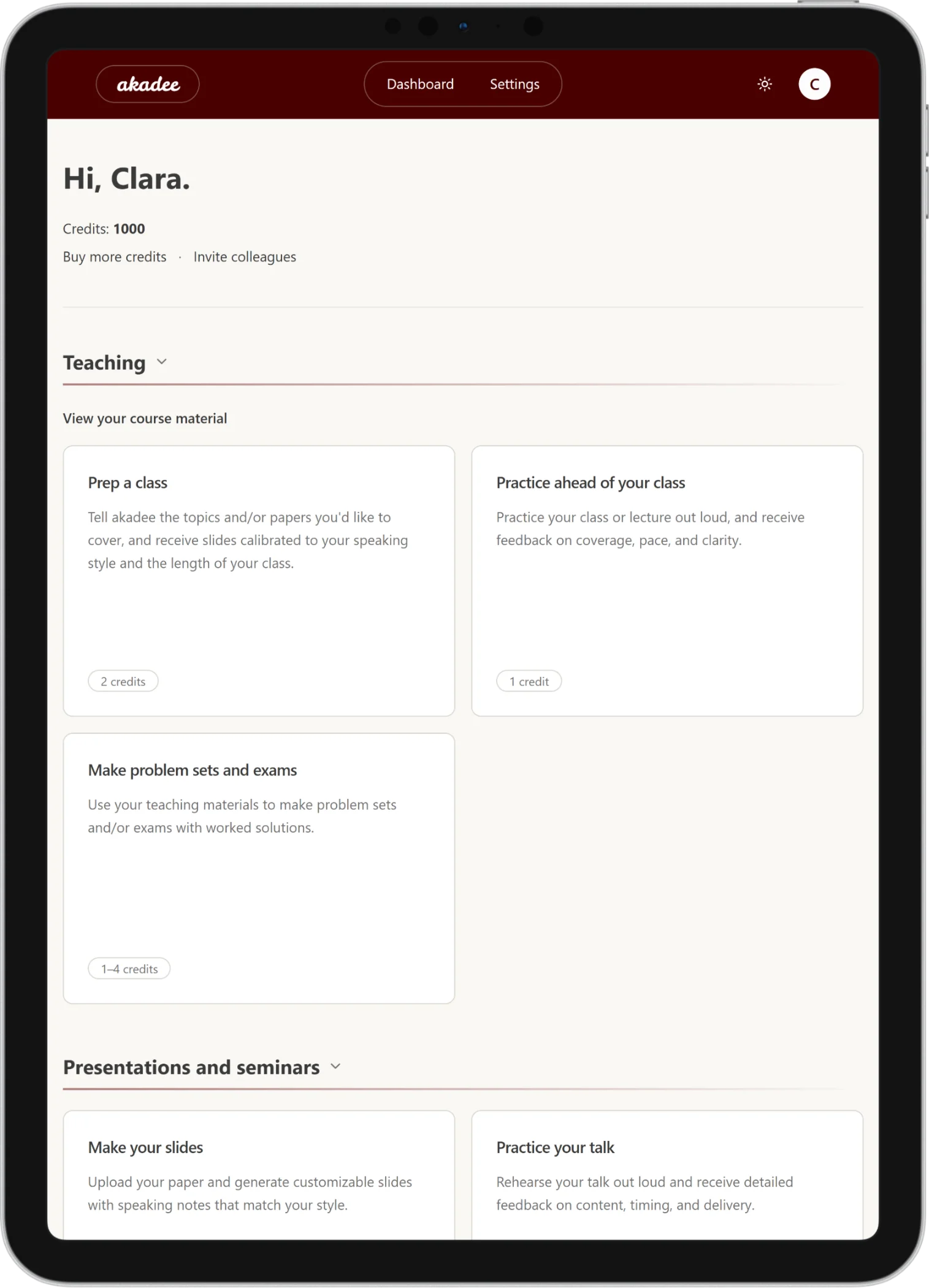 The akadee dashboard on an iPad
